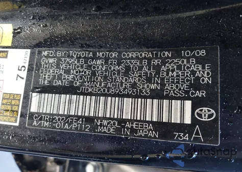 2009 Toyota Prius z USA, uszkodzony, nr VIN JTDKB20U893493133